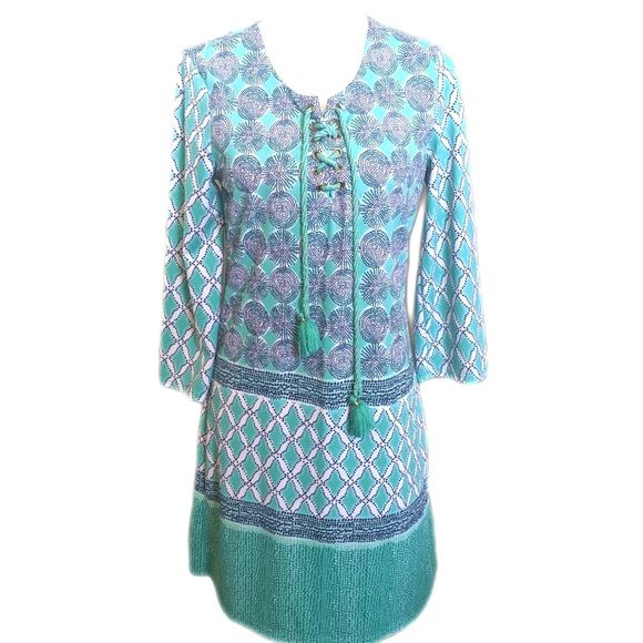 Cabana Life green & blue long sleeve SPF beach dress, lace up front S - Picture 1 of 9